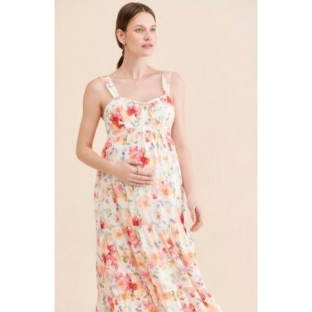 Yumi Kim Tiered Maxi Dress Size Medium Orange Floral Boho Garden Party Maternity